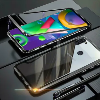 A magnetic phone case with a clear back and metal frame, showing a Samsung phone inside.