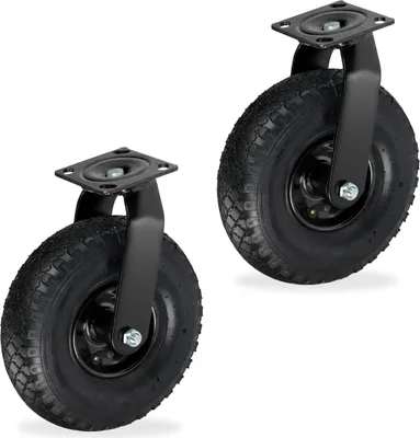 Produktbild von Relaxdays Lenkrolle 2er Set, luftbereift, 3.00-4, Schwerlast-Transportrolle, Platte zum Anschrauben, bis 120 kg, schwarz