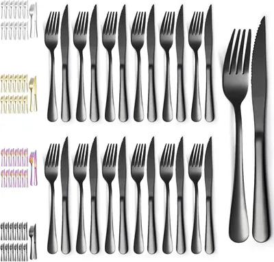 Produktbild von Steakbesteck 24-teilig, 12 Messer und 12 Gabeln, Edelstahl, schwarz, für Grill