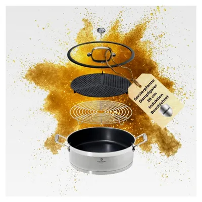 Produktbild von Servierpfanne 28 cm mit hohem Rand, Aroma Dampfgarer Induktion, mit Deckel, Edelstahl beschichtet, backofengeeignet, antihaftbeschichtet