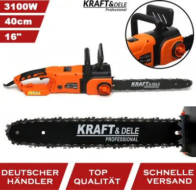 A product image of an electric chainsaw with marketing text and specifications.