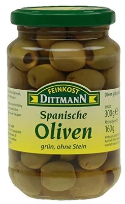 Produktbild von Feinkost Dittmann Spanische Grüne Oliven ohne Stein im Glas 300g