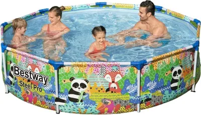 Produktbild von Bestway® Steel Pro™ Frame Pool ohne Pumpe Ø 274 x 66 cm, buntes Panda- und Fuchs-Design, rund