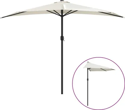 A half-round patio umbrella with a black pole on a white background.