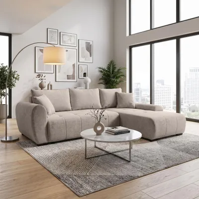 Produktbild von BEAUTYSOFA Ecksofa L-Form DALLAS 255 cm, Ecksofa mit Schlaffunktion und Bettkasten, Schlafsofa in Beige, Eckcouch Webstoff, Ottomane rechts, KI-generiertes Bild