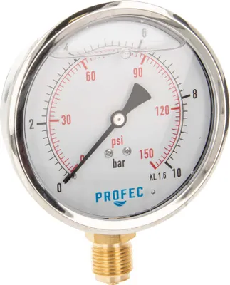 Produktbild von Profec Manometer 0 - 10 bar, Glyzeringefüllt, Ø 100 mm, 1/2 Zoll Anschluss nach unten Radial