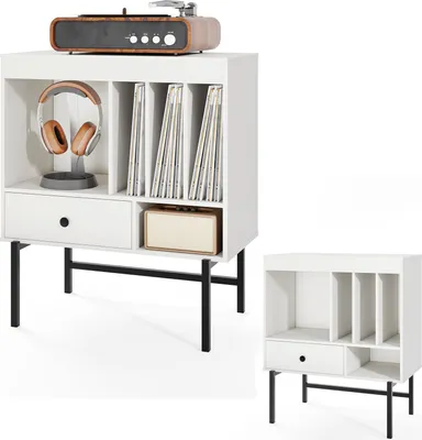 Produktbild von KOMFOTTEU Plattenspielerständer mit offenen Fächern, Schallplattenhalter mit Schublade, Albumhaltern, Präsentationsregal 70 x 36 x 80 cm, Plattenhalter für Büro, Wohnzimmer (Weiß)