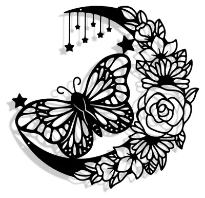 Produktbild von Wanddekoration aus Metall in Schwarz mit Mond und Schmetterlingen für Mädchenzimmer und Garten (30 x 30 cm)