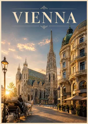 Produktbild von Travel Poster Wien DIN A2 – Vintage Wandbild mit Stephansdom, Fiaker & Abendlicht, matt