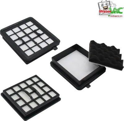 Three vacuum cleaner filters are displayed on a white background, with a logo in the top right corner.
