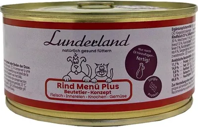 Produktbild von Lunderland Rind Menü Plus 300g mit Fleisch Innereien Knochen und Gemüse für Hunde und Katzen