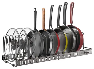 Immagine prodotto di Organizer da cucina - Portapentole e coperchi a 10 scomparti - Dimensioni regolabili - Ferro inossidabile - Per armadietti e sotto il lavello - Bronzo