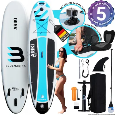 Produktbild von Bluemarina SUP Board Ariki | Stand Up Paddle - Aufblasbar mit Pumpe - Rucksack - 3 Finnen-System - Drop Stitch - Bis 120 Kg (305x76x13,5cm / 10')