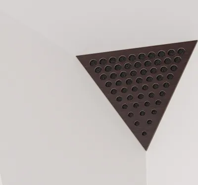Zdjęcie produktu dla Zestaw 6 sztuk trójkątnych basowych pułapek "Triangle-ROUNDS" wykonanych z materiału akustycznego, z perforowaną, laminowaną płytą HDF | 42x42x42 cm | Trójkątne, piramidowe basowe pułapki | Kolor: Wenge