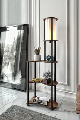 Productafbeelding van Opviq, industriële staande lamp van kraftpapier en MDF, walnootkleur, 140 cm hoog, 1 x E27, max. 40 W, IP20, elegant design voor moderne woonruimtes, exclusief lamp.