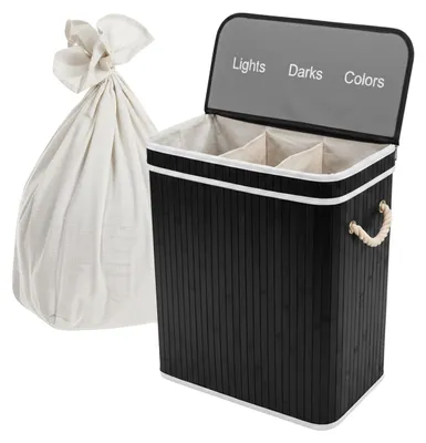 Produktbild von Relaxdays Wäschekorb mit Deckel, 3 Fächer, Bambus, 105 l, faltbar, HxBxT: 63 x 52 x 32 cm, Wäsche Sortiersystem, schwarz