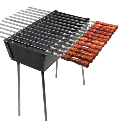 Produktbild von GOROCH Mangal Grill Stahl 3 mm für 12 Spieße mit 2 Seitentischen und Holzgriff-Schaschlikspießen