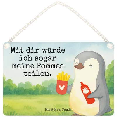 Produktbild von Mr. & Mrs. Panda Schild Pinguin Pommes Design DIN A6 - Weiß - Geschenk, Türschild, Holzschild, für Freundin, Freund, kleine aufmerksamkeit, wandtafel, Partner, holzbild