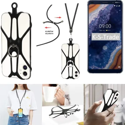 Produktbild von K-S-Trade 3in1 Handykette Handyband Handykordel Halsband Smartphone-Ring Handy-Ring kompatibel mit Nokia 9 Fingerhalterung Handyring Tischständer
