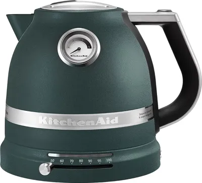 A dark green KitchenAid electric kettle with a silver trim and handle, shown on a white background.