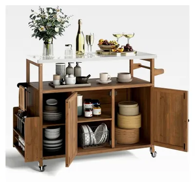 Produktbild von Grillwagen für den Außenbereich, Servierwagen mit Edelstahlplatte, Ablagen, Schrank und Gewürzregal auf Rollen für BBQ, 130 x 47 x 92 cm (1 Tür-118 x 47 x 92 cm)