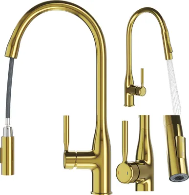 A collection of gold kitchen faucets against a white background.