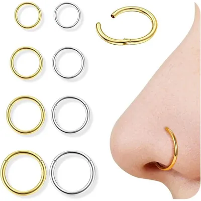 Immagine prodotto di Set di anelli per piercing al naso, 8 pezzi, 16G/18G, acciaio chirurgico 316L. Anelli a cerchio per piercing al setto nasale, all'elica, alla conca, al tragus e al daith. Disponibili in oro, argento e nero. Diametri: 6mm, 8mm, 10mm, 12mm