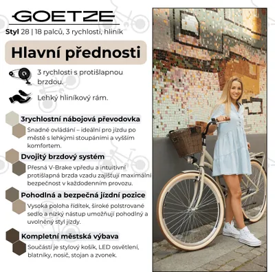 Obrázok produktu pre Mestský bicykel Goetze Style Alu 28" – 3 rýchlosti Nexus, hliníkový rám 18", LED osvetlenie, košík