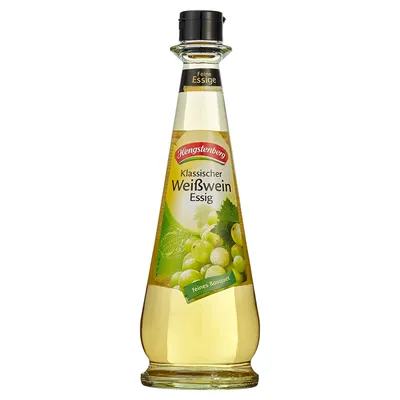 A bottle of white wine vinegar with grapes on the label.