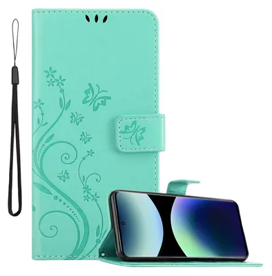 Produktbild von Cadorabo Hülle für Xiaomi RedMi Note 14 Pro Plus 5G Hülle in FLORAL TÜRKIS Schutzhülle im Blumen Design mit Magnetverschluss, Standfunktion und Kartenfächern Book Case Cover