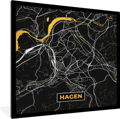Produktbild von MuchoWow® Gerahmtes Poster Hagen - Deutschland - Gold - Stadtplan - Karte 40x40 cm - Poster mit Schwarzem Bilderrahmen Wandposter Rahmen Foto Bilder - Mit Rahmen - Wanddekoration Schlafzimmer