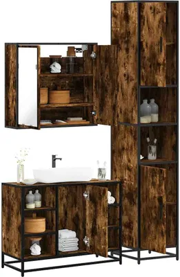Produktbild von Design 3-tlg. Badmöbel-Set Räuchereiche Holzwerkstoff, Badezimmerschränke Neu