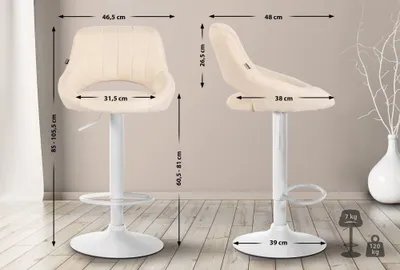 Immagine prodotto di Sgabello moderno - Sgabello - Altezza regolabile, girevole a 360° e rivestimento in tessuto | Colore: crema | Colore base: bianco