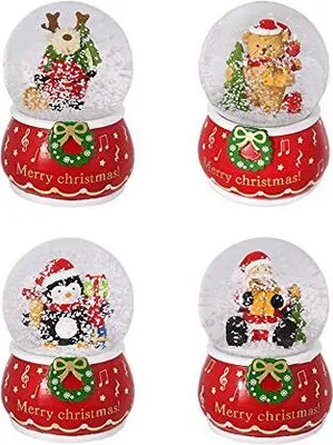 Zdjęcie produktu dla Kula śnieżna, figurka bożonarodzeniowa, na czerwonej podstawie, Wesołych Świąt, ok. 9,5 x 7 cm, wykonana z polyresin, 4 różne, 8 sztuk w displayu