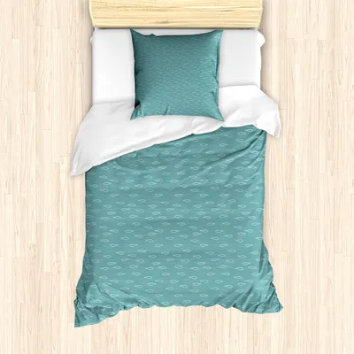 Produktbild von ABAKUHAUS Welle Bettbezug Set für Einzelbetten, Seetiere Ruhe-Gekritzel-Kunst, Milbensicher Allergiker geeignet mit Kissenbezug, 135 cm x 200 cm - 80 x 80 cm, Weiß und Blass Teal