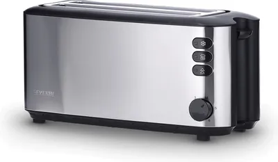 Produktbild von Toaster Langschlitz 4-Scheiben SEVERIN AT 2509 Automatik Röstaufsatz integriert AT 2509 aus Edelstahl, gebürstetschwarzsilber Toaster Toaster Langschlitz Toaster Schwarz Toaster Edelstahl Toaster Mit Brötchenaufsatz
