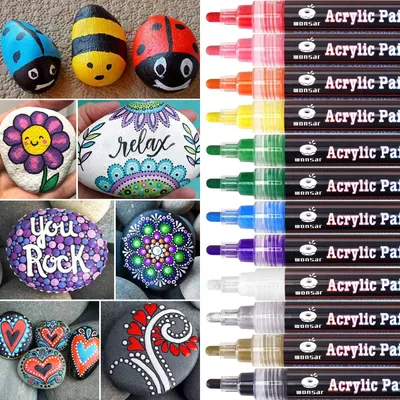 Obrázok produktu pre Akrilové Fixy 12 Farieb, Vodoodolné Permanentné Markery, Stredný Hrot, pre Kameň, Keramiku, Sklo, Drevo