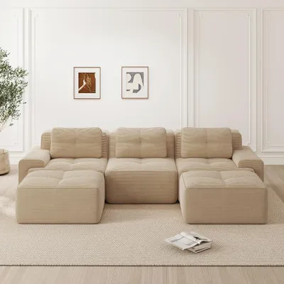 Produktbild von Modulares Cloud Sofa Beige, U-förmiges Sofa mit Ottoman, 3-Sitzer Cordsofa, 293x177x69 cm, Montagefrei und Haustierfreundlich