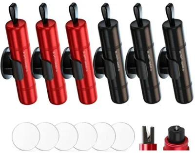 Produktbild von 6 Stück Auto Sicherheitshammer - Notfallgerät zum Glasbrechen - Multifunktions - Inkl. Testglas & selbstklebender Halterung - rot,Schwarz