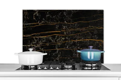 Obrázok produktu pre MuchoWow® Splashback Kuchyňa - Kuchynský backsplash - Ochrana steny pre sporák a drez Mramor - čierny - zlatý - žila 80x55cm Alu-Dibond (alternatíva k