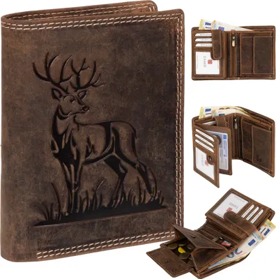 Produktbild von RFID Büffel Echt Leder Geldbörse Portemonnaie Herren mit geprägtem Motiv  Tan Hochformat Hirsch