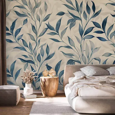 Produktbild von Vlies Fototapete - Leaves in Blue Colors Delicate Botanical Motif 100x70 cm Muster f-H-10012-a-a