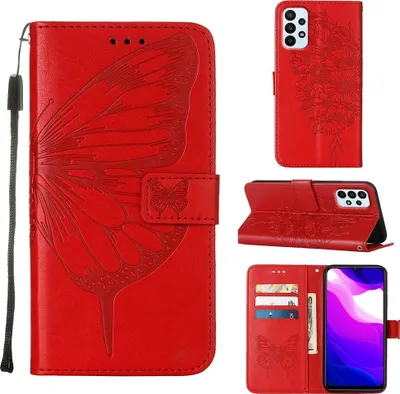 Produktbild von Galaxy A23 4G Hülle, Schmetterling Prägung Flip Leder Kartenfächer Schutzhülle Ledertasche mit Ständer für Samsung Galaxy A23 4G / 5G Rot