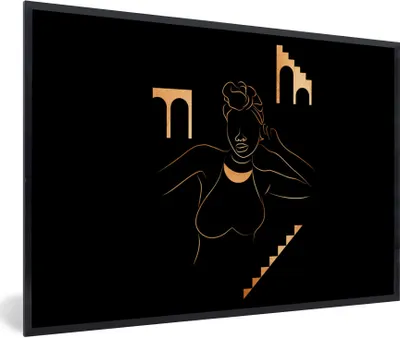 Produktbild von MuchoWow® Gerahmtes Poster Frau - Gold - Strichzeichnung 90x60 cm - Poster mit Schwarzem Bilderrahmen Wandposter Rahmen Foto Bilder - Fotorahmen - Foto-Plakat