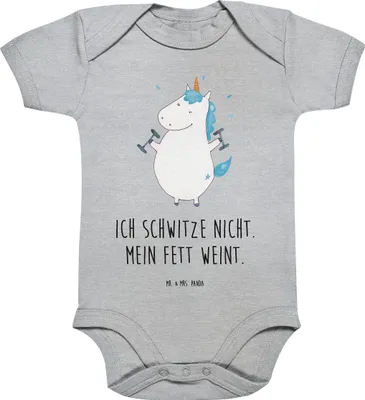 Produktbild von Mr. & Mrs. Panda Babystrampler Einhorn Fitness 3. - 6. Monat - Heather Grey - Geschenk, Babybody, Unicorn, Fitnessstudio, Diät, babykleidung body, Gym, Sport, Strampler