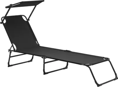 A black foldable chaise lounge with a canopy, shown against a white background.