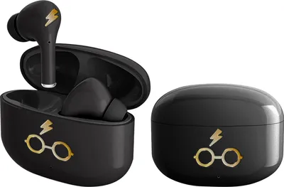 A pair of black wireless earbuds with gold lightning bolt and glasses accents, shown in their open charging case and closed charging case.