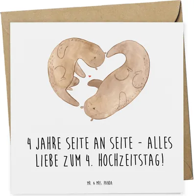Produktbild von Mr. & Mrs. Panda Grußkarte 4. Hochzeitstag Seidenhochzeit - Weiß - Geschenk, Heiraten, Liebesjubiläum, doppelkarte, Geschenke, Ehejubiläum, Erinnerungen, Klappkarte
