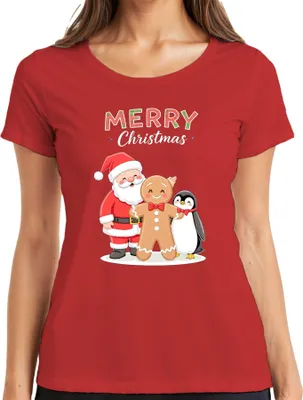 Produktbild von Merry Christmas Weihnachtsmann Lebkuchenmann Pinguin Weihnachten Damen T-Shirt, Rot, 3XL