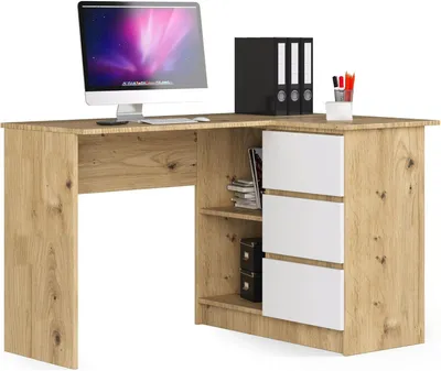 Produktbild von Eckschreibtisch mit Ablagefläche – Schreibtisch – Homeoffice-Büro – Viel Stauraum – 124 cm – Weißes Eichenholz